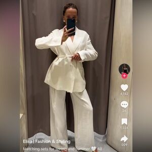 Zara Linen Blend Elegant White Women's Suit (Blazer and Pants)